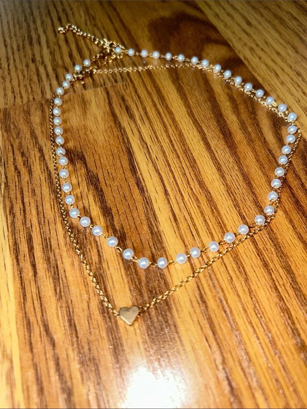 Gold Pearl Layered Necklace with Heart Pendant